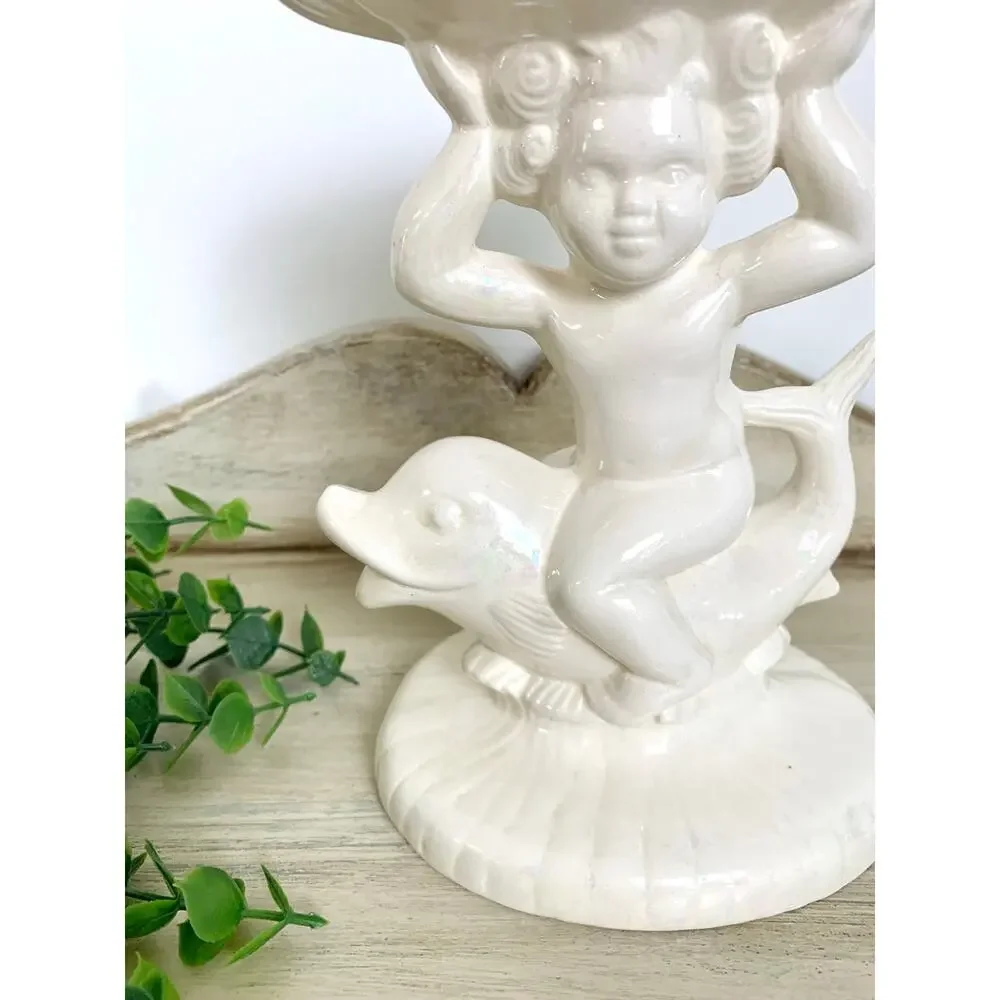 Vintage Cherub Dolphin Shell Compote Pedestal Bowl Pearlized Ceramic Coastal